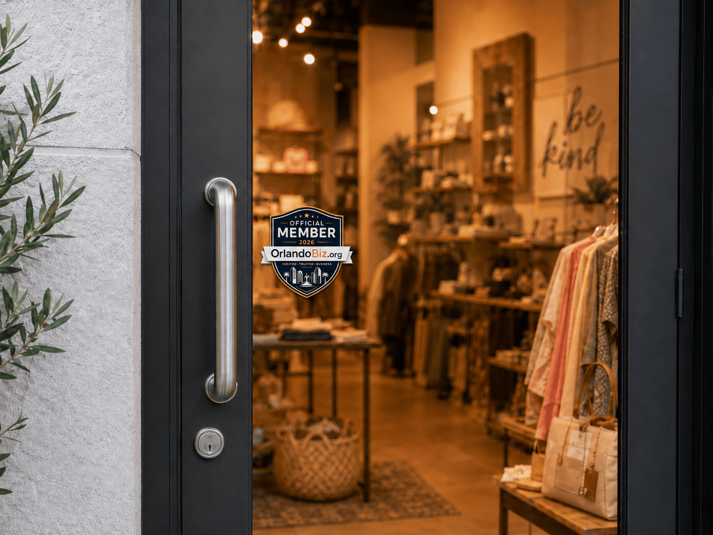 OrlandoBiz.org member decal displayed on a business entrance door